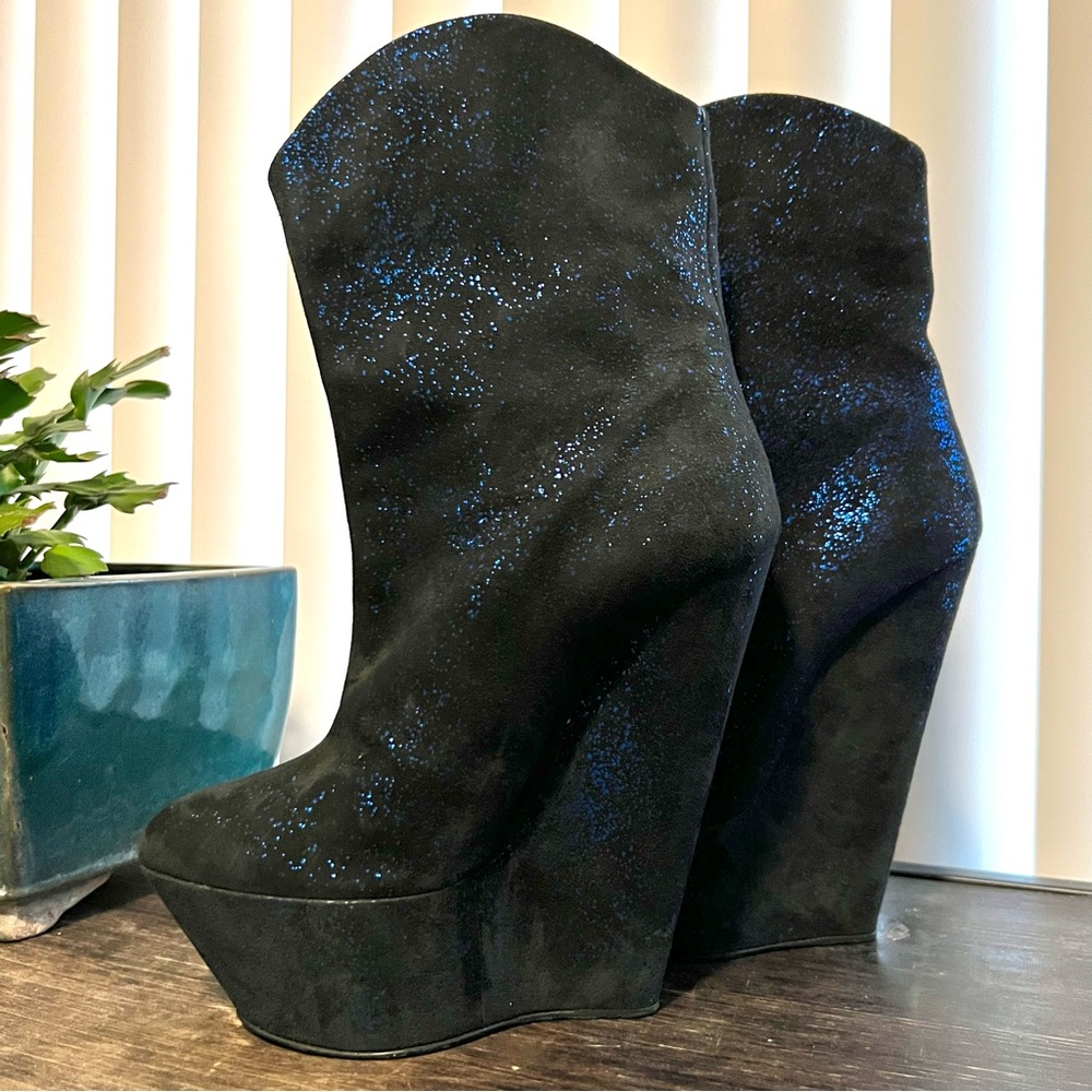 Giuseppe Zanotti Must See Blue Black Shimmer Glitter Sparkle Angle Wedge Boot 37 - Picture 12 of 15